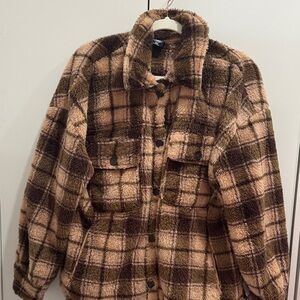 PacSun Plush Plaid Teddy Jacket in Brown and Tan